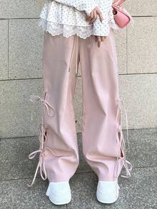FRIFUL 女士弹力腰带蝴蝶结镂空系带装饰休闲工装裤，粉色 - 粉色 - 查看 1