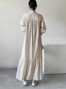 FRIFUL Striped Stand Collar Drop Shoulder Long Sleeve Hem Splice Pleated Full Zip Loose Casual Versatile Dress Wedding Guest Dress - Apricot - View 5