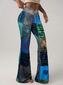 SHEIN Tall CURVE Quần ống loe thời trang retro phối màu tương phản dành cho nữ cỡ lớn. - Màu xanh lam - Xem 4