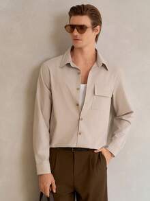 Manfinity Homme Men's Solid Color Long Sleeve Single-Breasted Cargo Pocket Shirt Light Brown Shirt Loose Shirt Silk Shirt Boxy Shirts Cropped Men's Shirts - Apricot - View 6