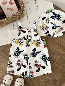 SHEIN 2件套婴儿男女童夏季条纹背带裤和渔夫帽套装，居家、度假、海滩休闲装 - 彩色 - 查看 6