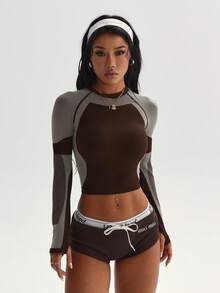 Dewbera Dewbera Women's Contrast Color Round Neck Long Sleeve Sports T-Shirt Brown Gym Top - Brown - View 4