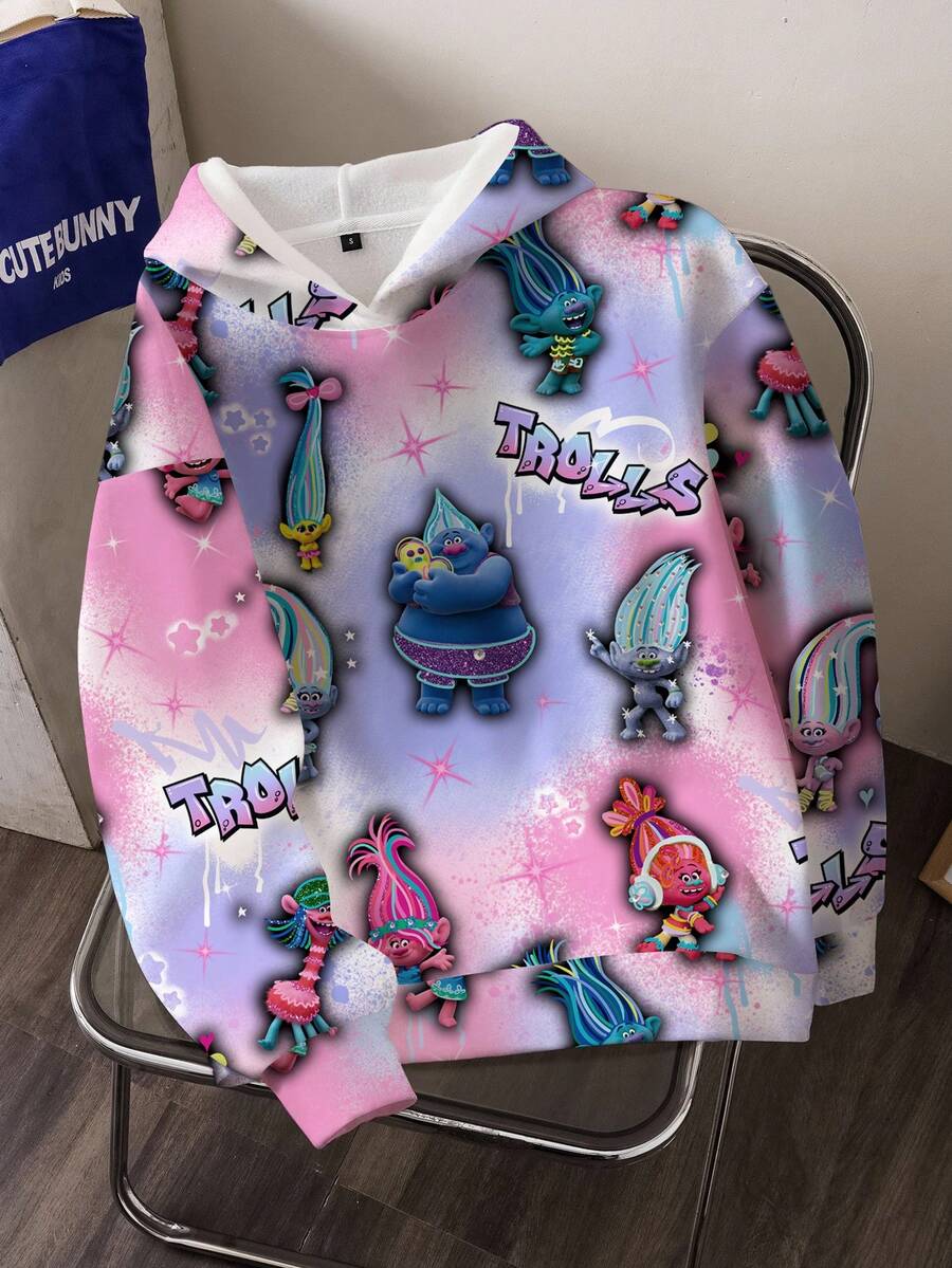 SHEIN Trolls Women's Casual Everyday Commute Funny Cute Cartoon Letter Graphic Dropped Shoulder Loose Hoodie - White - View 1