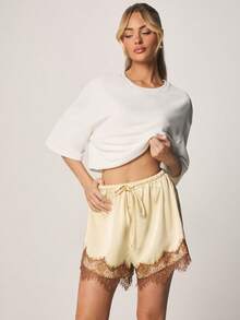 MISSGUIDED Satin Lace Trim Drawstring Shorts With Decorative Hem Detail Summer Lounge Casual Bottoms - Yellow - View 1