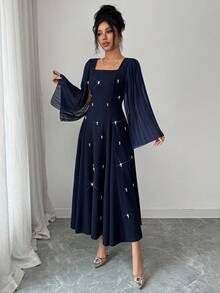 Modelyn Women's Square Neck Pleated Long Sleeve Cinched Waist A-Line Beaded Elegant Party Mid-Length Dress - Blue - View 4