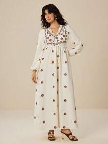 Felipe Marques Women's Floral Print Long Sleeve Loose Long Dress, Casual For Spring/Autumn, Vacation, Party, Beach - Apricot - View 4
