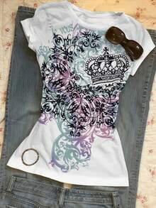 Glimmora Women's Digital Print Fitted Short Sleeve T-Shirt - White - View 5