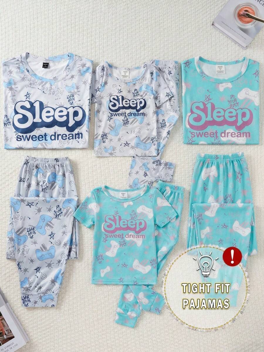 女孩绿色时尚泼墨游戏机印花短袖长裤两件套修身家居服套装 - 綠色 - 查看 1