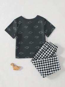 两件套幼儿男童休闲鳄鱼纹短袖上衣和黑白格子裤睡衣套装 - 彩色 - 查看 2