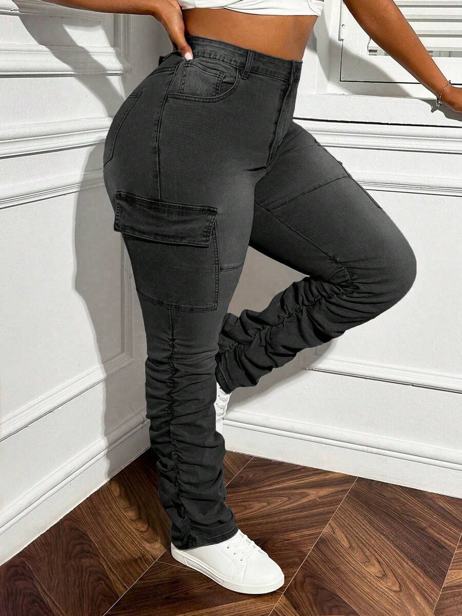 Slaydiva Plus Size Women's Cargo Pocket Pleated Stretch Denim Design Pants - Black - View 1