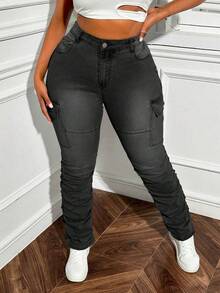 Slaydiva Plus Size Women's Cargo Pocket Pleated Stretch Denim Design Pants - Black - View 5