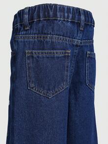 SHEIN 少女款可调节腰围复古街头风宽松舒适休闲豹纹阔腿牛仔裤 - 藏蓝色 - 查看 5