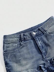 ROMWE Y2K蝴蝶刺绣和水钻做旧复古低腰超短女式牛仔短裤 - 淺色水洗藍 - 查看 4