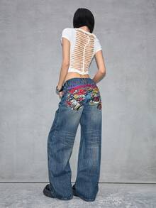 ROMWE J-Fashion 秋冬新款中国风虎头艺伎图案英文刺绣低腰复古女式牛仔裤 - 深色水洗藍 - 查看 2