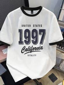 Manfinity Joysei 男士字母印花圆领短袖休闲百搭T恤 - 黑與白 - 查看 1