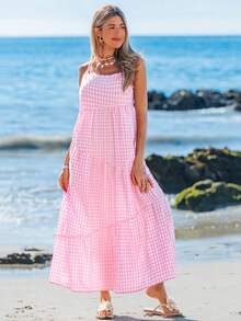 Sylviya Women's Casual Plaid Long Dress, For Daily, Vacation And Outdoor Wear, Spring/Summer,Vacation - Pink - View 1