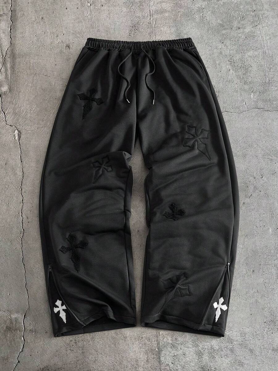AXEPEAK 男士十字绣抽绳腰带口袋宽松休闲运动裤 - 黑色 - 查看 1