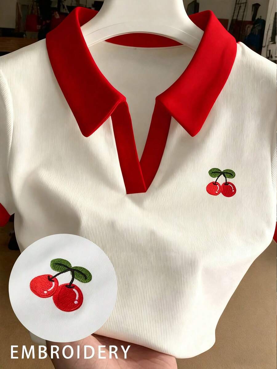 Resyla Camiseta con bordado de cerezas para mujer, top casual y lindo - Blanco - Ver 1