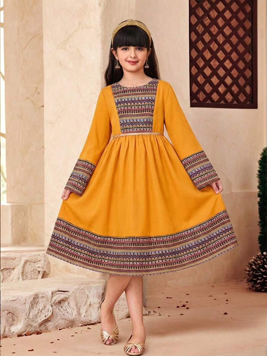 SHEIN Tween Girl Geometric Print Patchwork Long Sleeve Dress - Yellow - View 1