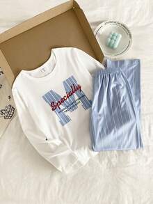 SHEIN Vintaside Kids 2件組男童睡衣，藍白條紋白色條紋長褲搭配白色字母印花圓領長袖上衣，秋季傳統居家睡衣 - 藍白色 - 查看 1