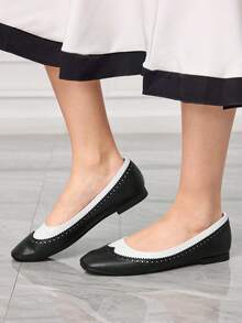 Sleekvia 女士方头套脚鞋，黑白拼接，透气休闲舒适软底乐福鞋，四季皆宜 - 黑與白 - 查看 2