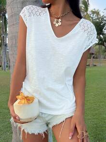 DAZY 女士撞色蕾丝短袖优雅度假上衣，春秋季 - 白色 - 查看 5