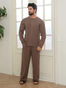 DAZY Brown Crew Neck T-Shirt, Men's T-Shirt Set, Spring/Autumn - Brown - View 3
