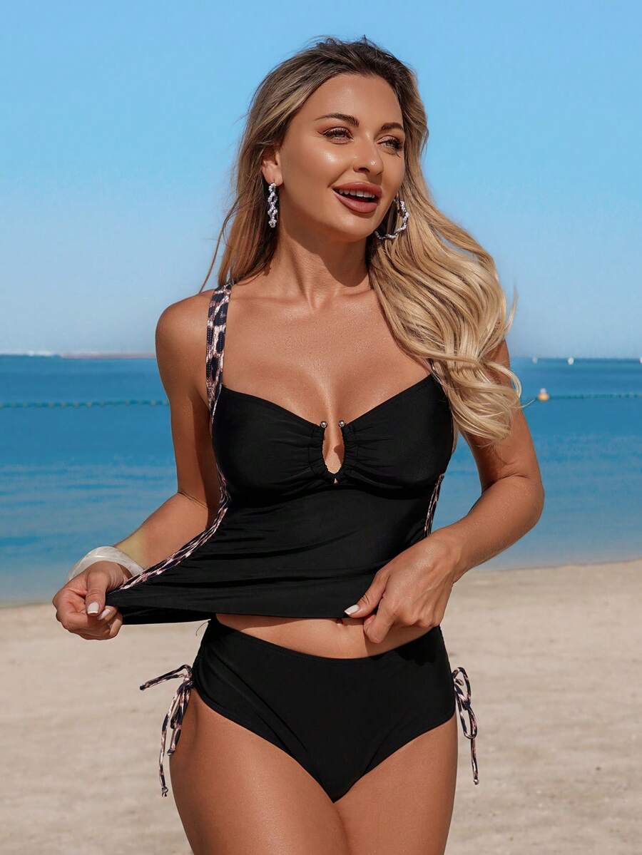 Swim Lushoire Women's Fashionable Sexy Leopard Print Digital Printing Drawstring Wide Strap Design Bikini Swimsuit Set, Spring/Summer - Black - View 1