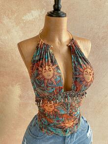 Soleia Áo croptop nữ mùa hè gợi cảm, họa tiết vintage, chất liệu lưới, cổ khoét sâu, đính hạt cườm, kiểu yếm, thích hợp cho tiệc tùng, Giáng sinh, hẹn hò, hộp đêm, phong cách Bohemian, Boho, kỳ nghỉ, áo mùa thu hè, áo Bohemian, áo tank top Boho, áo hippie, bộ hai mảnh Boho, áo mùa xuân, ngày Valentine, áo đi biển, áo sinh nhật, áo đi chơi, áo thanh lịch, áo thường ngày, áo đi nghỉ mát. - Nhiều màu - Xem 4