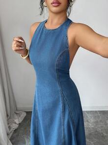 Selianne Women's Sexy Asymmetric Hem Backless Halter Neck Denim Dress, Summer - Medium Wash - View 6