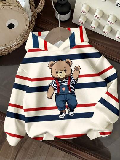 SHEIN Casual & Comfortable Cute Style Young Boy Sweatshirt, Cartoon Bear & Striped Pattern, Loose Fit Cozy Knit Long Sleeve Sweatshirt, Suitable For Autumn/Winter