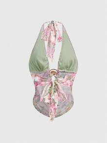 ROMWE Y2K Retro Sexy Draped Neck Rhinestone Embellished Pink Camisole For Women - Green - View 2
