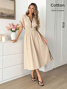 Easowa Đầm midi dáng chữ A rộng rãi, nhún bèo, tay trễ vai, dây rút eo, xẻ tà cao bên hông, 100% cotton, thích hợp mặc đi làm hoặc đi nghỉ mát, phong cách thường ngày thanh lịch cho nữ mùa xuân/hè. - Màu be - Xem 5