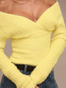 SHEIN BAE 1 chiếc áo len nữ tay dài, màu trơn, kiểu dáng ôm sát, không vai, thời trang. - Màu vàng - Xem 5