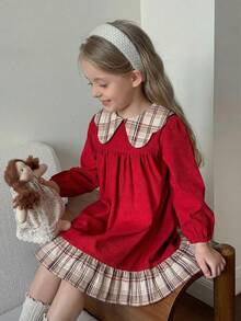 Emery Rose Kids Emery Rose Kids Young Girl Corduroy Patchwork Lace Peter Pan Collar Long Sleeve Dress,, Long Sleeve Fitted Casual Cake A-Line Dress,Autumn Winter New Arrival,Young Girl , Daily Wear, School, Autumn & Winter,Pairing White Shirt,Back To School Season.College Style, For Christmas, Girls Winter Clothes,Christmas Clothes, Party Wear, Daily Wear School Daily, Birthday Clothes, Princess Clothes,Mom And Daughter & Sisters Matching,For Halloween.Red Dress. - Multicolor - View 6