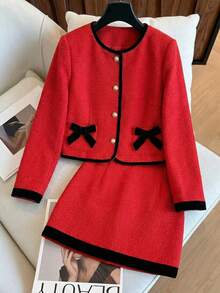 少女休闲优雅温柔日常百搭公主风纽扣蝴蝶结衬衫和裙子两件套，春秋 - 紅色 - 查看 2