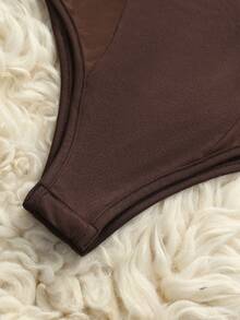 Franclia 女士性感深V网纱拼接长袖连体衣，修身款，夏季 - 棕色 - 查看 6