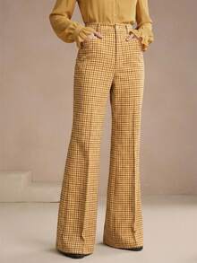 Anewsta Women's Plaid Print Trousers With Rivet Pockets, Elegant Business Casual Flare Pants For Spring/Summer Commute - Multicolor - View 2