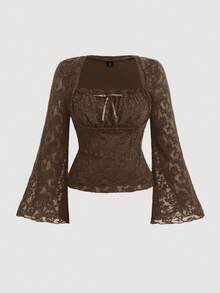 SHEIN MOD Áo thun nữ cỡ lớn màu đen, cúp ngực, cổ bẻ, tay loe - Màu nâu Sô-cô-la - Xem 1