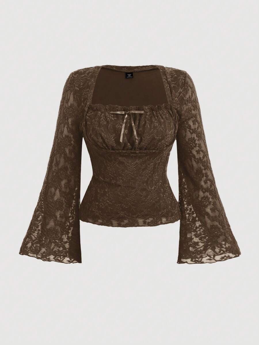 SHEIN MOD Áo thun nữ cỡ lớn màu đen, cúp ngực, cổ bẻ, tay loe - Màu nâu Sô-cô-la - Xem 1