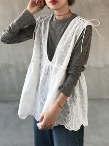 FRIFUL Women's Embroidered Fabric Shoulder Tie-Up Loose Casual Blouse - White - View 4