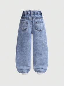 2026 Spring/Summer New Arrival Girls' Jeans, Cartoon Print Loose Straight Leg Relaxed Fit Distressed Denim Pants, Fashionable Light Blue Casual Streetwear For Outings, School, Commute, Parties, Home, Festivals - Light Wash - View 2