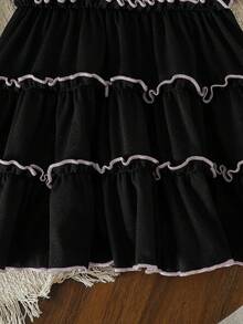 女婴无袖连衣裙，黑色蛋糕裙摆连衣裙，夏季女婴连衣裙，蝴蝶结芭蕾舞鞋，刺绣荷叶边下摆公主裙 - 黑色 - 查看 4