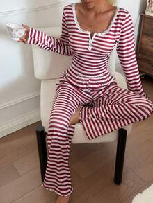 SHEIN 蕾丝边方领双扣条纹印花长袖上衣和裤子睡衣套装，女士长袖条纹睡衣套装，红色女士睡衣套装，女士秋冬睡衣套装 - 酒紅色 - 查看 6