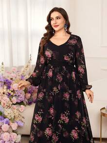 Modelyn Romantic Chiffon Floral Print Long Sleeve A-Line Maxi Dress, Plus Size, Spring/Summer - Multicolor - View 5