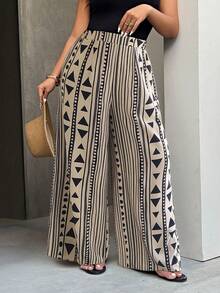 SHEIN LUNE Plus Size Women's Beige Summer Boho Vacation Holiday Floral Print Wide Leg Pants,Loose Comfortable Flowing Spring/Summer Pattern Pants For Travel - Multicolor - View 5