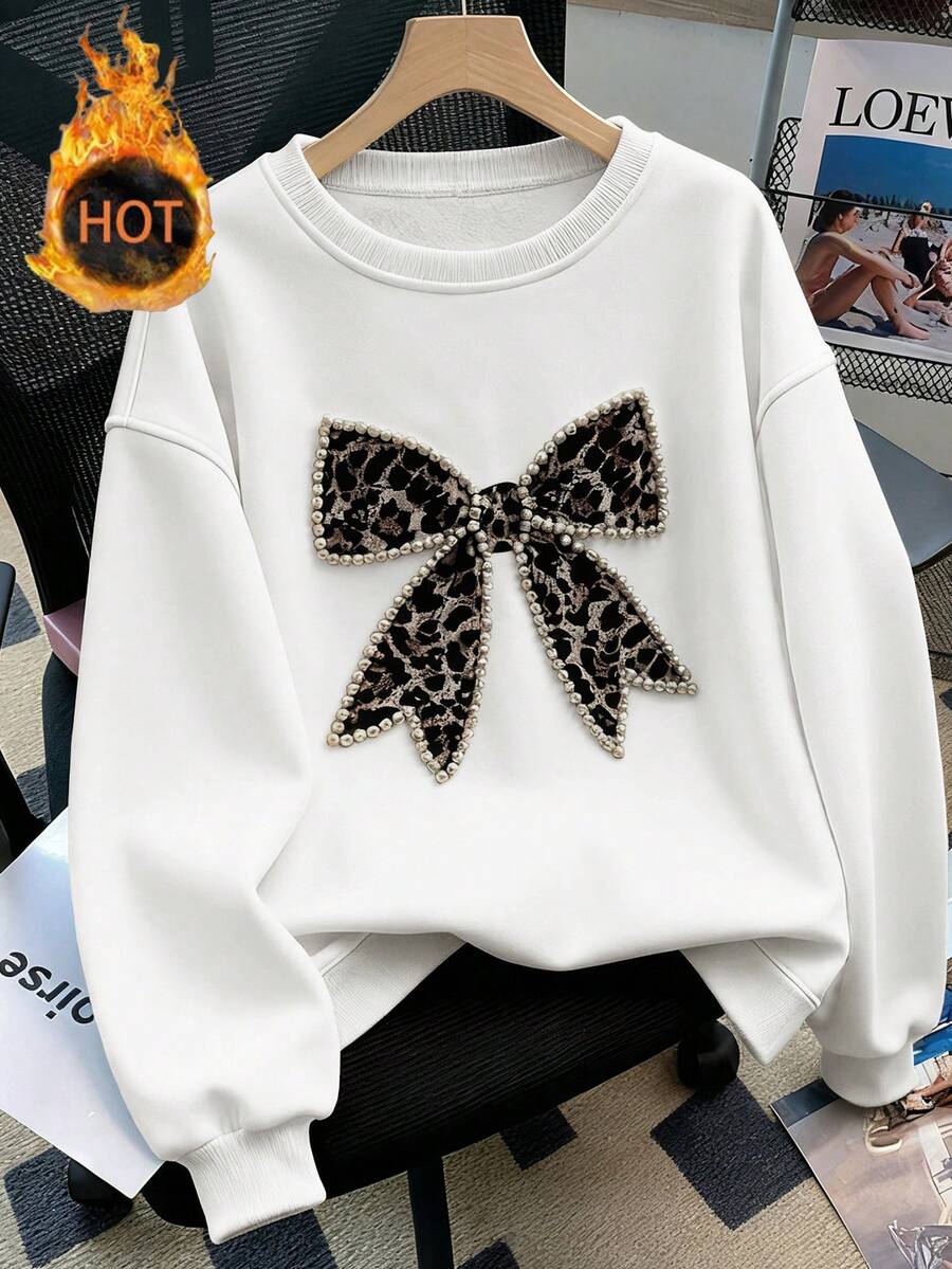 Resyla 女士水钻装饰印花圆领宽松套头卫衣，百搭时尚，适合秋冬季穿着。 - 白色 - 查看 1