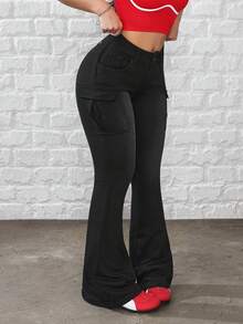 SHEIN Essnce Women's Washed Slim Fit Flare Cargo Jeans,Tummy Control Flared Pants For Summer,Black Basic Casual Streetwear For Any Occasion,Soft Leggings Pants - Black - View 4