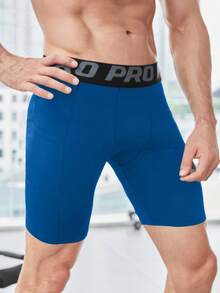 Manfinity Sport Corelite Men's Contrast Letter Tape Waist Patchwork Pocket Shapewear Sports Shorts - Blue - View 3