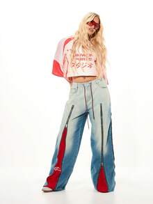 SUMWON WOMEN Denim Wide Leg Jeans With Red Zip Panels And Contrast Stitching High Rise Drawstring Closure Fashion Statement Piece